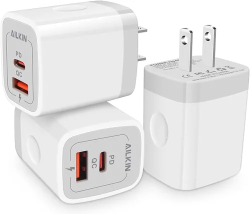 Vista 13 de Paquete de 3 cargadores USB C, cargador USB de doble puerto USB-C enchufable de pared 20 W PD y QC3.0 tipo A bloque de carga rápida para Samsung