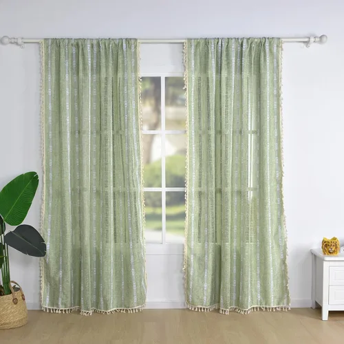 Vista 2 de Cortinas de color verde salvia para dormitorio, sala de estar, 63 pulgadas de largo, cortinas de lino estilo bohemio, 2 panales, cortinas de cortina