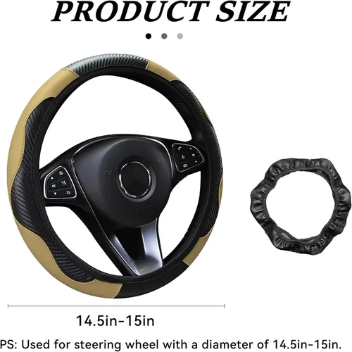 Vista 3 de Funda para Volante de Coche, 15 Pulgadas Fibra de Carbono Microfibra Antideslizante Transpirable Cuero PU Elástico Protector de Volante, Accesorios