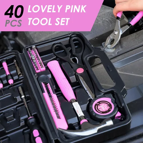 Vista 3 de DOWELL Juego de herramientas para el hogar de 40 piezas rosa, kit de herramientas manuales generales para el hogar con estuche de almacenamiento