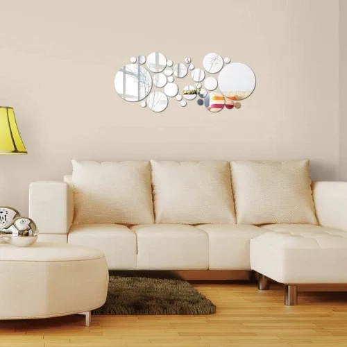 Vista 2 de Juego de 56 calcomanías de pared de espejo flexibles, acrílico extraíble, círculo, autoadhesivo, plástico para decoración del hogar (redondo)