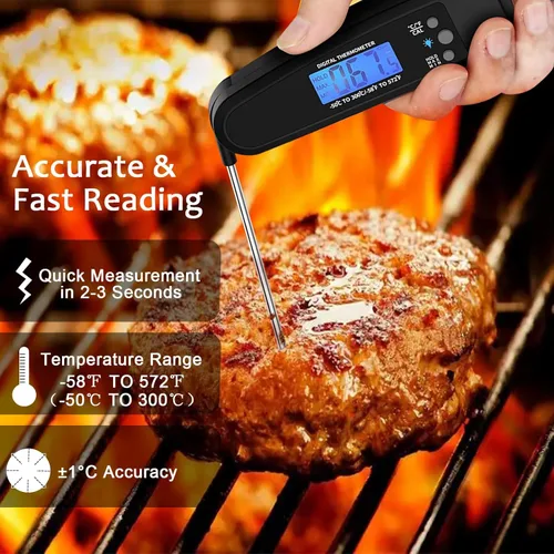 Vista 2 de Termómetro digital para carne, termómetro de cocina impermeable IP67 con luz de fondo y función de sujeción, termómetro de lectura instantánea