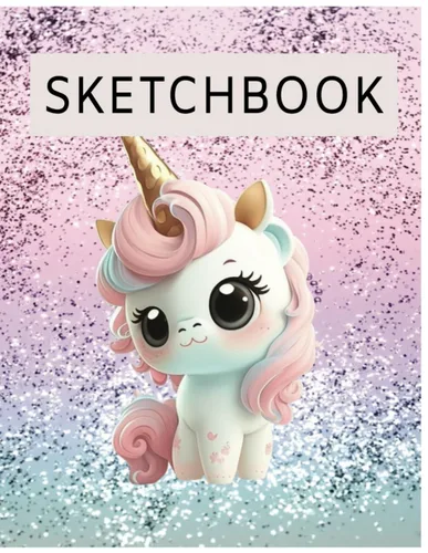 Sketchbook Cute Unicorn On Pink Glitter Effect Background, Large Blank Sketchbook For Girls