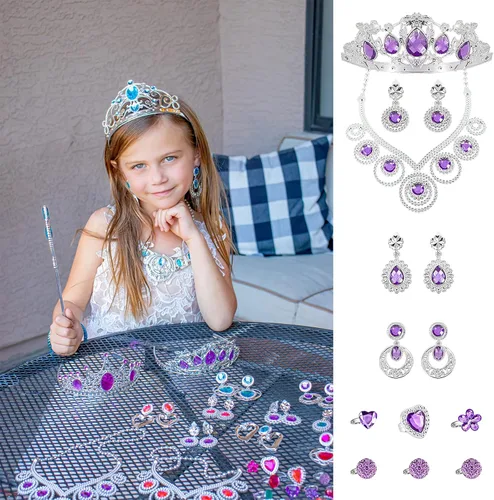 Vista 6 de NINAOR Paquete de 56 joyas de princesa para niñas, accesorios de vestir de princesa, joyas de juego para niñas, incluye corona, varita, collar