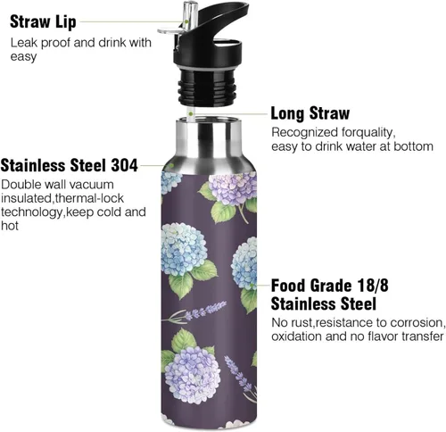 Vista 3 de Hydrangea Lavender Purple Blue Stainless Steel Water Bottle 20 Oz Leakproof Water Bottles, BPA-Free Sports Water Bottle with Straw