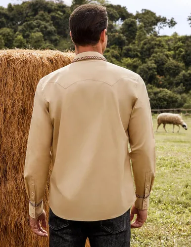 Vista 4 de COOFANDY Camisa vaquera occidental bordada de manga larga casual de algodón con botones a presión y bolsillos para hombre