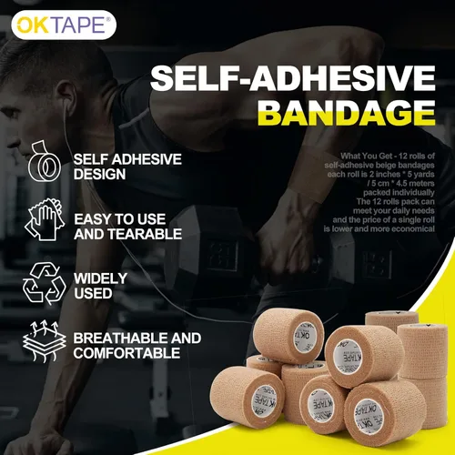Vista 7 de OK TAPE 12 rollos de vendaje autoadhesivo, cinta elástica atlética, cinta adhesiva autoadhesiva, envoltura veterinaria, envoltura médica para Beige