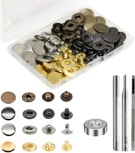 Vista 10 de BetterJonny Juego de 24 cierres de cuero resistente, botones a presión de metal de 0.394 pulgadas, remaches de cuero, con 4 herramientas de ajuste