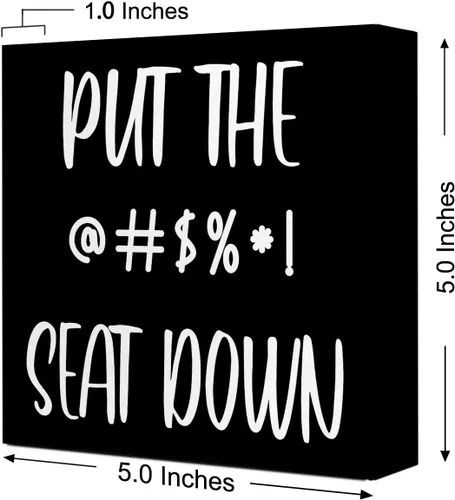 Vista 2 de LVQHI Letrero de caja de madera con texto en inglés «Put the Seat Down», divertidos letreros de bloque de madera para baño, estante de baño, baño