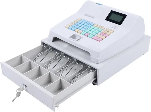 Vista 5 de Caja registradora electrónica con cajón, esquinas redondas, panel frontal de acero inoxidable, cuatro compartimentos con clips para dinero y cinco