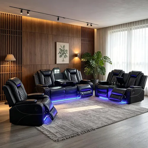Vista 11 de Juego de sofá reclinable eléctrico para sala de estar con iluminación LED, carga USB, portavasos y mesa central, sofá modular de cuero transpirable