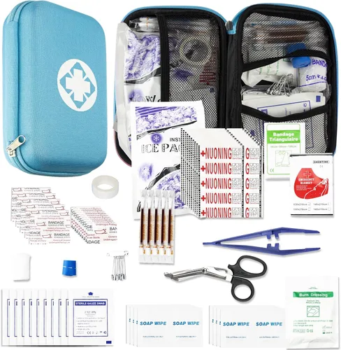 Kit de primeros auxilios de supervivencia para auto-hogar, kit de emergencia, color azul, 273 piezas de equipo, suministros de viaje, set de