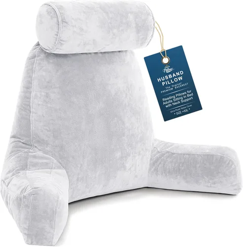 Vista 48 de Husband Pillow Backrest with Arms - Adult Reading Pillow with Shredded Memory Foam, Ultra-Comfy Removable Microplush Cover & Detachable Neck Roll