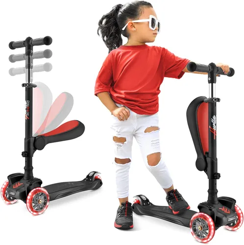 Vista 15 de Hurtle Patinete de 3 ruedas para niños, luces LED de ruedas, manubrio ajustable de inclinación para dirigir y asiento plegable, paseo sentado