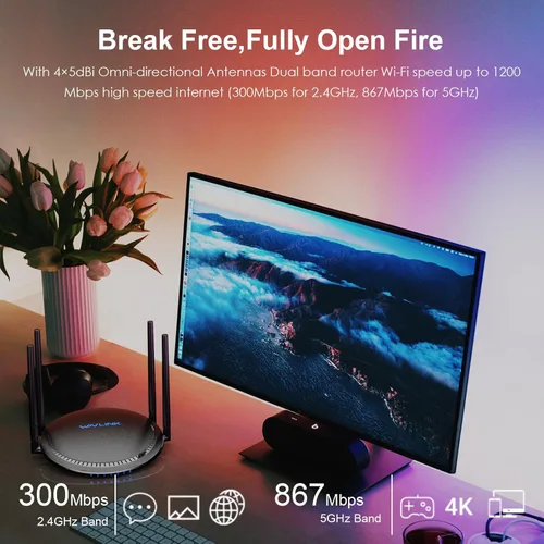 Vista 4 de WAVLINK Router WiFi de doble banda AC1200 2025, Internet inalámbrico de alta velocidad de 1200 Mbps, 4 puertos Gigabit, USB 3.0, tecnología