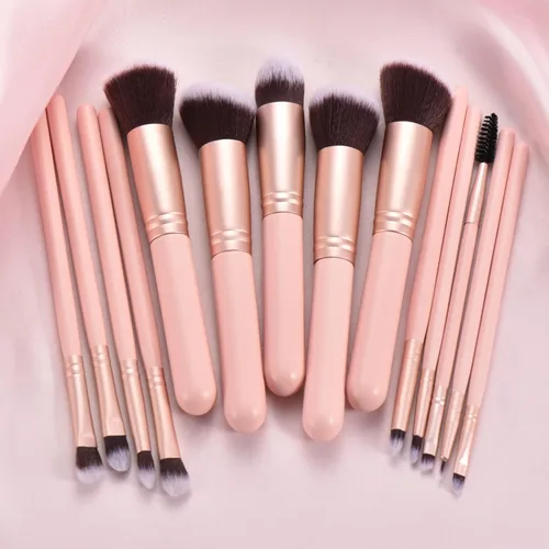 Vista 3 de 14 Piezas Pinceles de Maquillaje Rosa - Mango de Madera con Cerdas Sintéticas Suaves, para Maquillaje de Rostro y Ojos Juego de Pinceles