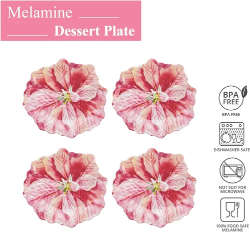 Vista 2 de UP UPware Poinsettias - Platos de postre de melamina, platos pequeños en forma de flores, para aperitivos, aperitivos y guarniciones, rosa, 7.5 x 7