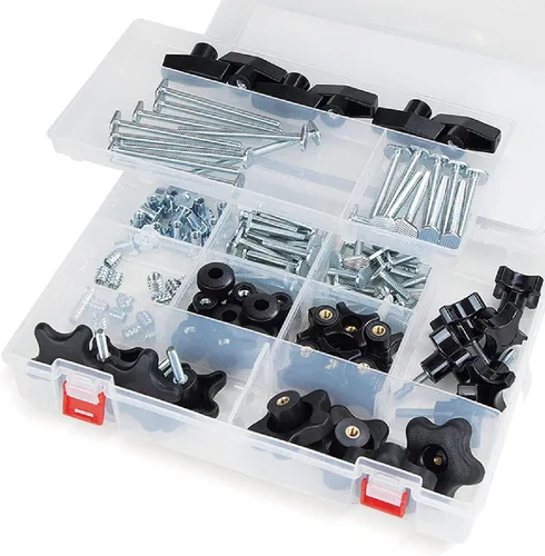 Vista 10 de POWERTEC 71127 Juego de 128 piezas de perilla de pista en T con perilla de 5 estrellas, pernos roscados 1/4-20 y arandelas, accesorios de riel en T