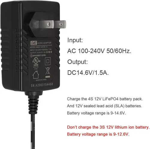 Vista 2 de TalentCell Cargador de batería LiFePO4 de 12 V AC/DC, salida de 14.4 14.6 V/1.5 A con doble conector de pinzas de cocodrilo para batería recargable