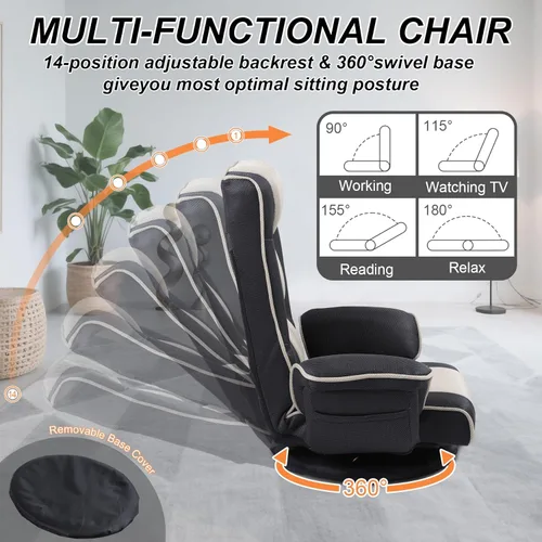 Vista 3 de Sillas giratorias de suelo para adultos, silla de juegos de suelo con brazos extra anchos, soporte de espalda de 14 ángulos, ajustable, cómodo, tela
