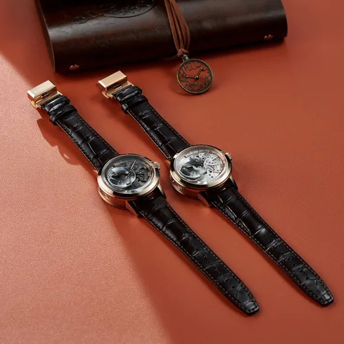 Vista 8 de Relojes de oro rosa de lujo para hombre, esfera esquelética, relojes automáticos, correa de cuero VM-1