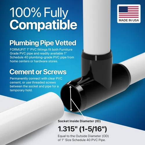 Vista 6 de FORMUFIT F001TEE-BK-4 - Adaptador de PVC de grado para muebles de 1 pulgada, fabricado en Estados Unidos, resistente a los rayos UV, a prueba