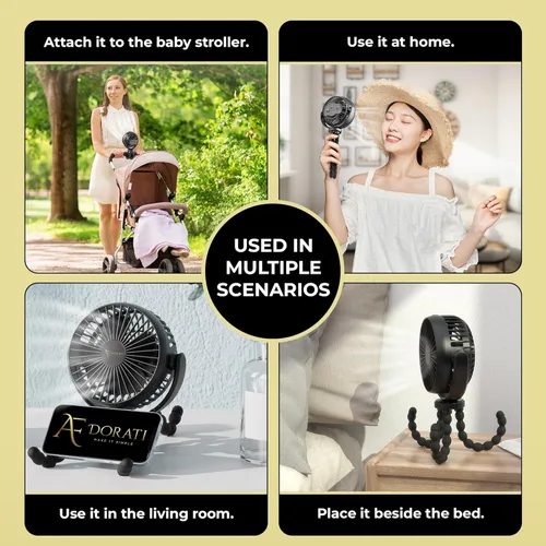 Vista 5 de Ventilador pequeño, ventilador de trípode flexible para cochecito - Ventilador portátil - Mini ventilador portátil, recargable, refrigeración