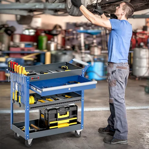 Vista 7 de Carrito de herramientas de 3 niveles, carrito de herramientas rodante de capacidad de 440 libras con cajones, carrito de servicio industrial