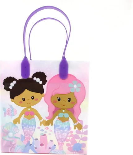 Vista 6 de TINYMILLS Paquete de 12 bolsas de regalo de Sirenita arcoíris con asas para fiesta de cumpleaños de sirenita
