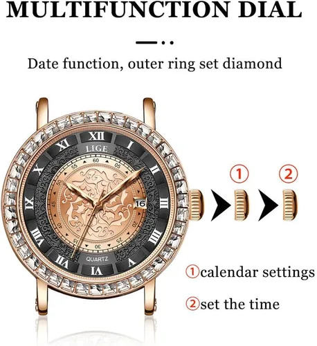 Vista 6 de Dacdyi Unisex simple impermeable números romana banda de cuero pulsera de diamantes de imitación esfera redonda con calendario analógico cuarzo