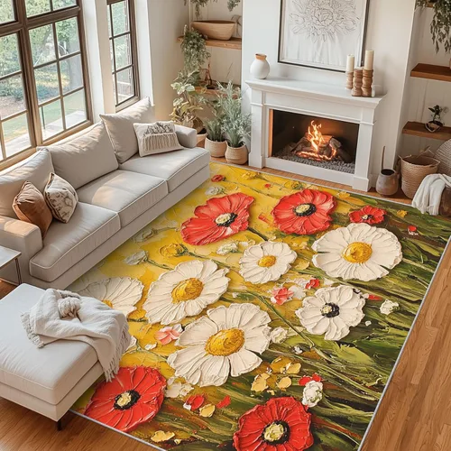 Daisy Rugs for Entryway, 2x3 ft, Oil Painting Flower Area Rugs for Bedroom Kitchen Entrance, Soft Non Slip Washable Botanical Floral Indoor Door Mat