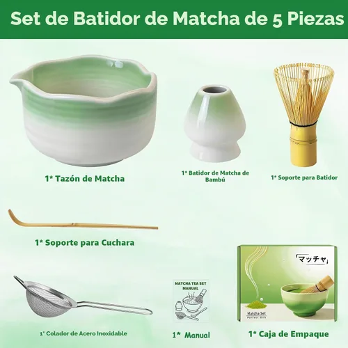 Vista 9 de Juego de 8 piezas de batidor de matcha con cuenco de cerámica, cuchara, descanso, tamiz, tapete de té, tarjeta de felicitación, soporte