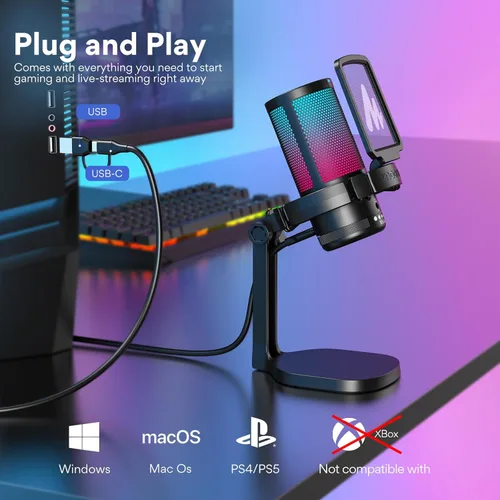 Vista 7 de MAONO USB Gaming Microphone for PC, Noise Cancellation Condenser Mic with RGB Lights, Mute, Gain for Streaming, Recording, Podcast, Chat, Twitch