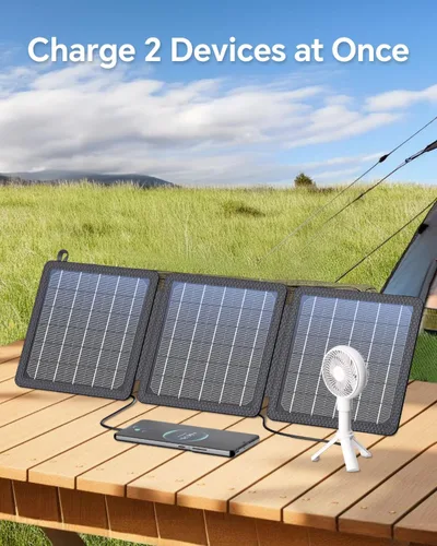 Vista 3 de Cargadores de panel solar portátiles pequeños de 15 W (5 V/3.0 A USB-A/USB-C), panel solar plegable impermeable IP65 con gran almacenamiento