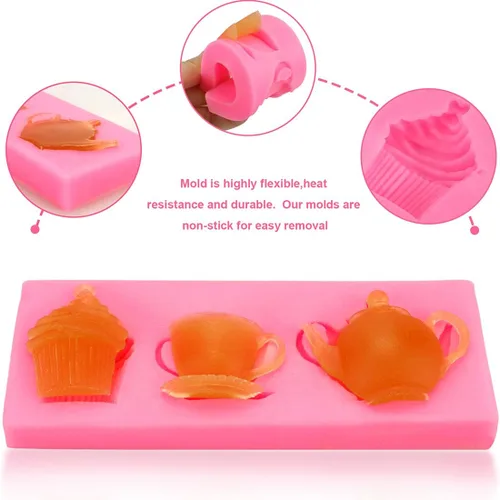 Vista 2 de Meiyouju - Juego de 2 moldes de silicona para tetera, moldes de silicona de grado alimenticio para dulces, decoración de pasteles, chocolate