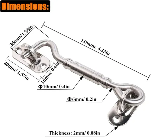 Vista 3 de Cerradura de puerta de acero inoxidable con gancho y ojal para puerta de cabina de 4 pulgadas (paquete de 2)