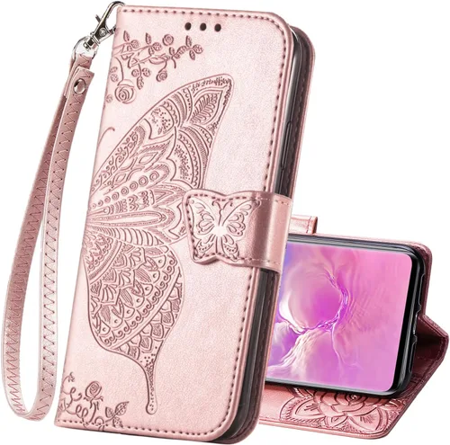 Vista 14 de Funda protectora de piel sintética para Samsung Galaxy S10e, con tapa para mujer, con correa para la muñeca, ranuras para tarjetas, bolsillo en Azul
