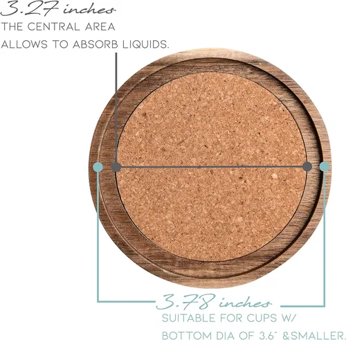 Vista 2 de Portavasos de madera de acacia para bebidas, 4.13 pulgadas, juego de 6, absorbentes y aislantes, apilables de corcho, posavasos rústicos para mesa