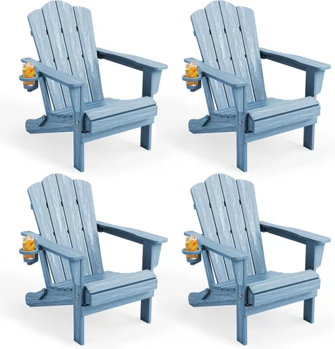 Vista 30 de KINGYES Silla plegable estilo Adirondack, sillas de patio resistentes a todo clima de HDPE, silla de césped con textura de madera para junto a