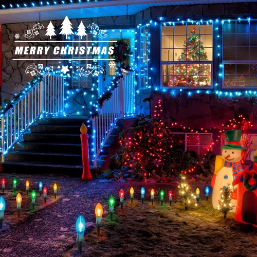 Vista 5 de Luces de camino de Navidad C9, 2 juegos de luces en total de 51.4 pies con 40 bombillas y estacas multicolores, luces conectables para pasarela al