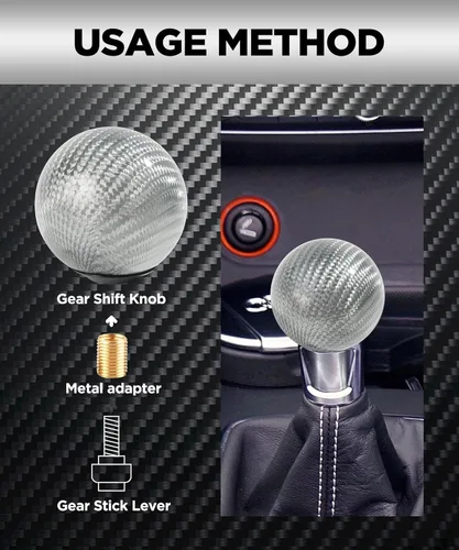 Vista 4 de Pomo de palanca de cambios universal, perilla de palanca de cambios automática, perilla redonda de fibra de carbono con 3 adaptadores de aluminio