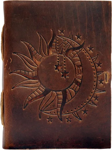 Vista 4 de CREATIVE LEATHER ART Sun Moon Emboss - Cuaderno de bocetos de cuero vintage con diseño de líneas marrones, 7 x 5 pulgadas, 240 páginas