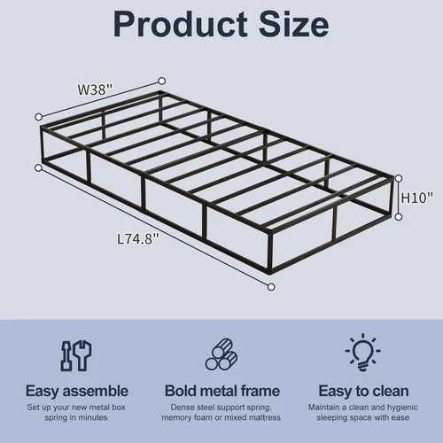 Vista 2 de Base de colchón individual de perfil alto de 10 pulgadas de alto, marco de metal resistente con funda de tela, fácil montaje, sin ruido