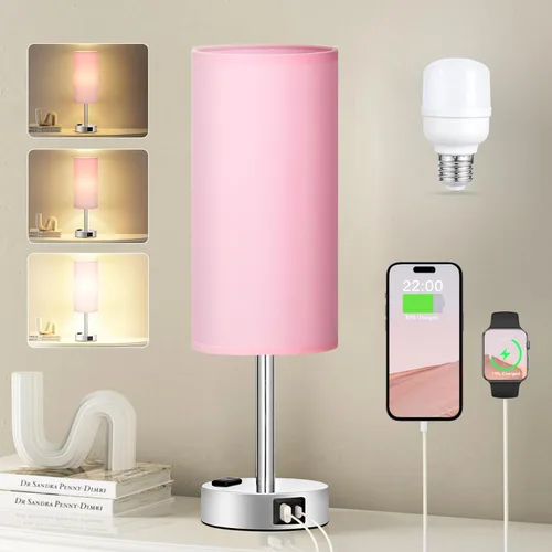 Vista 11 de Fenmzee Juego de lámparas de mesa pequeñas táctiles regulables de 2 a 3 vías, carga USB A + C, salida de CA, base de grano de madera, bombillas