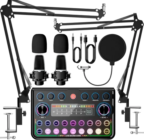 Paquete de equipo de podcast SINWE para 2, interfaz de audio con micrófono de podcast para smartphone y PC, todo en un solo mezclador DJ,
