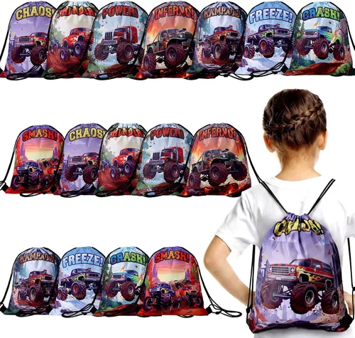 Bencailor Paquete de 16 bolsas con cordón de camión para niños, bolsas de regalo a granel de 11.8 x 9.8 pulgadas para fiestas de cumpleaños