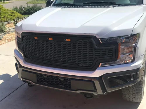 Vista 7 de Kojem Parrilla de parachoques delantero compatible con Ford F150 2018 2019 2020 W/3 luces LED, capó de panal de abeja, rejilla de malla gris mate