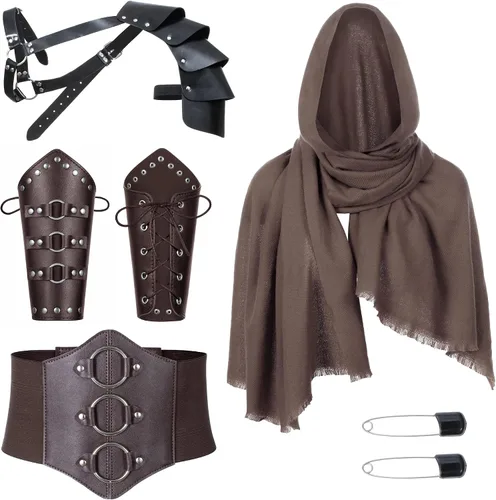 Corsé de cuero sintético de caballero medieval para hombre, chal renacentista, capa de medio hombro, bufanda, brazaletes con hebilla, accesorios