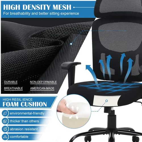 Vista 4 de Silla de oficina ergonómica, silla de escritorio de computadora de altura ajustable de 400 libras con soporte lumbar de esponja ajustable, silla