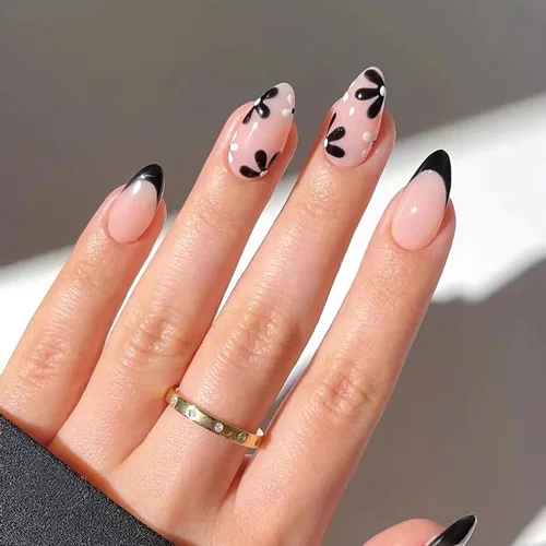Vista 21 de Uñas postizas medianas a presión de almendra, con lazo 3D, perlas y diamantes de imitación, diseños de flores, uñas adhesivas, uñas acrílicas